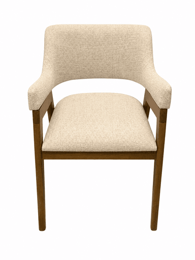 An upholstered armchair in a mid-century modern style, featuring a curved back and seat, light-colored textured fabric, and an exposed wooden frame with integrated armrests and tapered legs. — 3D model