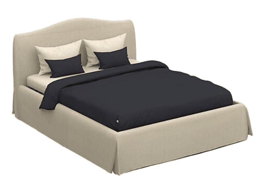 An upholstered bed frame featuring a gently curved headboard and a skirted base, providing a soft and cohesive aesthetic. The frame is covered in a light beige or cream fabric, presenting a clean and inviting appearance. It is furnished with a mattress, light-colored sheets, and dark blue pillows and duvet, indicating a complete bedding setup. — 3D model