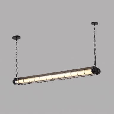 A long, linear black industrial-style pendant light, featuring a protective metal cage around a tubular light source, suspended by two chains from circular ceiling canopies. — 3D model