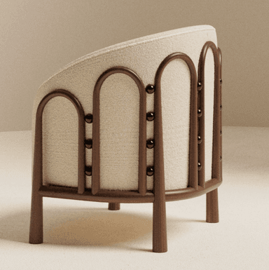 A contemporary accent armchair featuring a rounded, upholstered body covered in a cream-colored, textured boucle-like fabric. The chair has exposed dark wood elements that form the armrests and extend downwards to become the tapered legs. The design emphasizes soft curves and a minimalist aesthetic. — 3D model