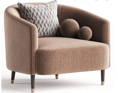 A modern tub-style armchair upholstered in a textured light brown fabric, featuring a curved back and arms that seamlessly integrate into a single form. It is supported by four dark, tapered legs adorned with brass ferrules at the base. The chair includes a patterned square throw pillow and two spherical decorative cushions in a matching fabric. — 3D model