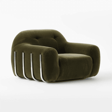 A plush, tufted armchair with a rounded silhouette. The upholstery appears to be a soft velvet fabric, and it sits on a minimalist chrome base that curves around the sides, offering a modern contrast to the soft form of the seat and back. — 3D model