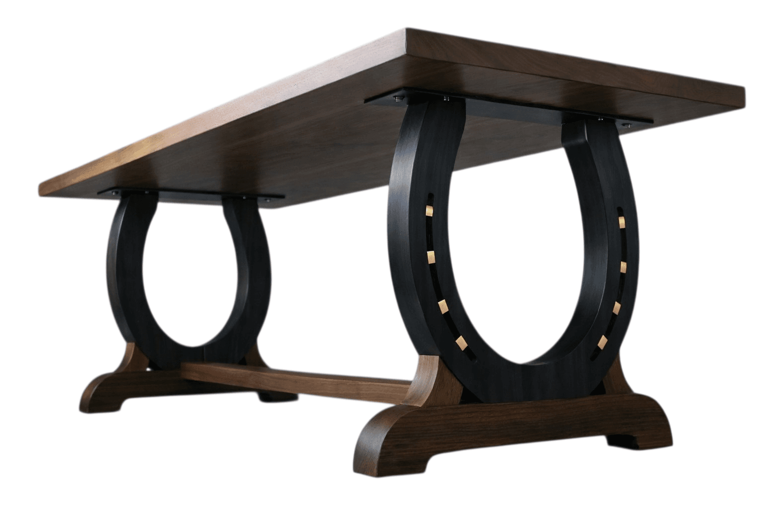 A dark wood dining table with a rectangular top and unique U-shaped legs. The legs are dark in color and feature decorative gold square inlays along their curved edges. The base of the legs is supported by a dark wood stretcher. The table appears to be constructed from solid wood with a polished finish. — 3D model