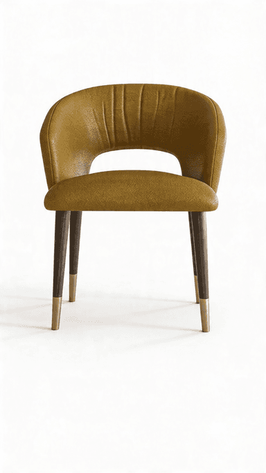 A modern accent chair with a curved backrest and seat, featuring vertical tufting on the back. The chair has four tapered wooden legs that are capped with brass-colored ferrules at the base. — 3D model