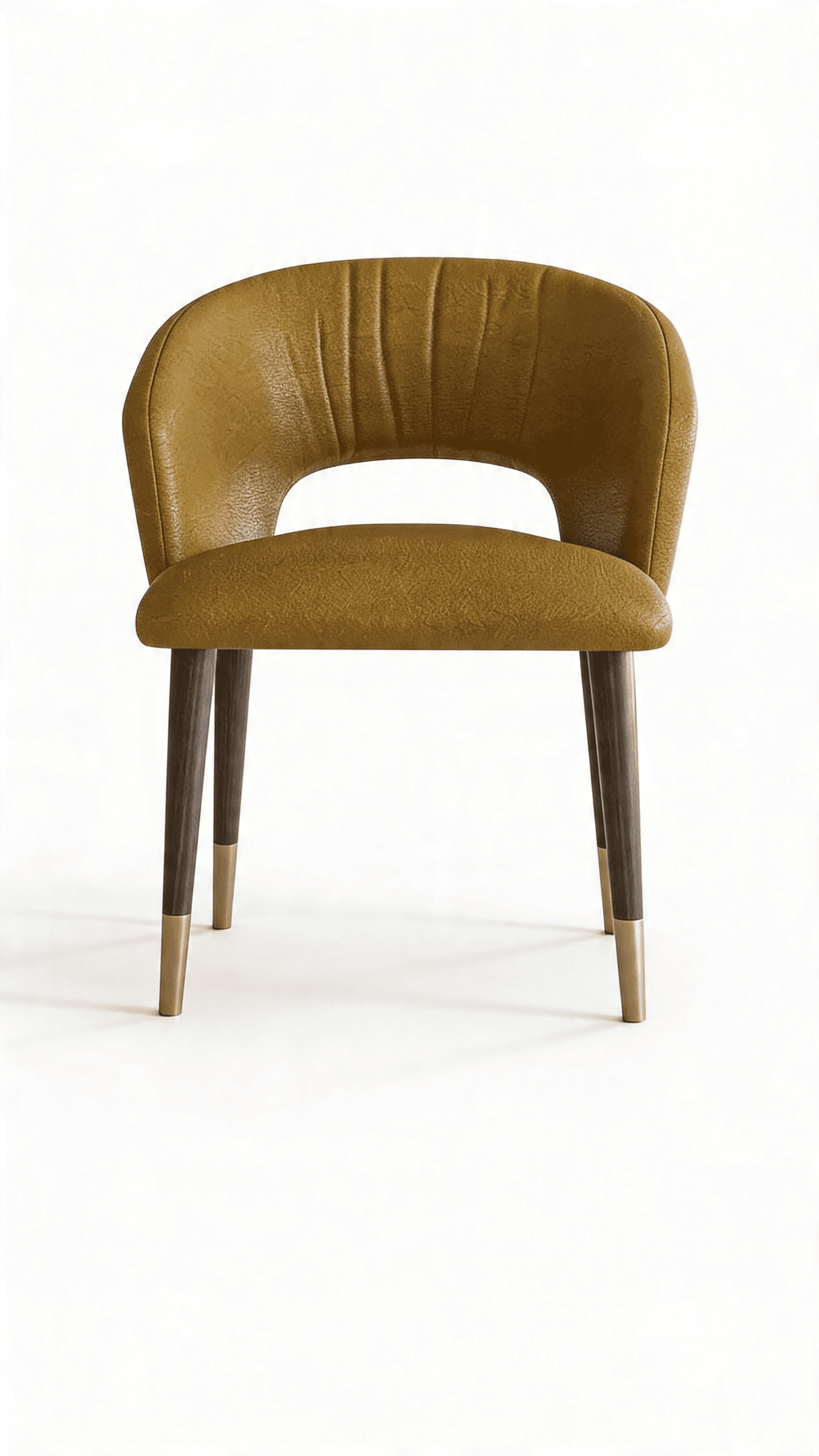 A modern accent chair with a curved backrest and seat, featuring vertical tufting on the back. The chair has four tapered wooden legs that are capped with brass-colored ferrules at the base. — 3D model