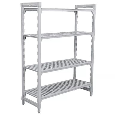 A light grey, four-tier, freestanding utility shelving unit constructed from molded plastic, featuring slatted shelves and vertical posts with adjustable height mechanisms. — 3D model