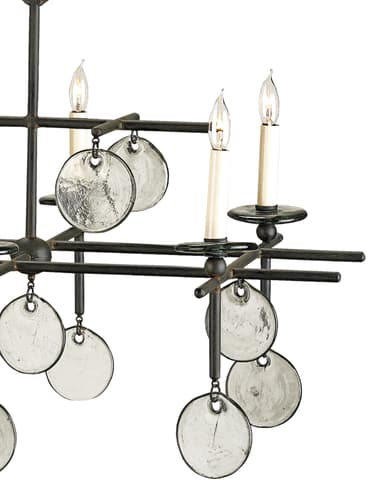 A linear candle-style chandelier suspended by two chains, featuring a black metal frame adorned with mercury glass discs. It has multiple candelabra-style light sources. — 3D model