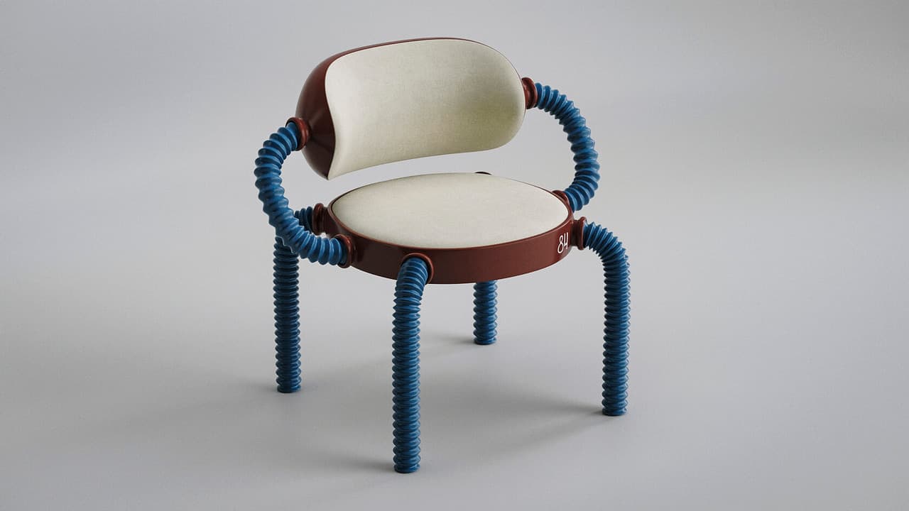 A unique armchair featuring a rounded, upholstered seat and a contoured backrest, both in cream fabric. The chair's frame, including its legs and armrests, is constructed from bright blue corrugated flexible tubing, which attaches to a reddish-brown molded plastic base and back shell, creating a distinctive, playful aesthetic. — 3D model