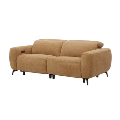 A contemporary two-seater sofa, also known as a loveseat, upholstered in a light brown or tan textured fabric. It features integrated electric reclining functionality with controls visible on the armrest. The design includes rounded armrests and back cushions, supported by sleek, angled black metal legs. — 3D model