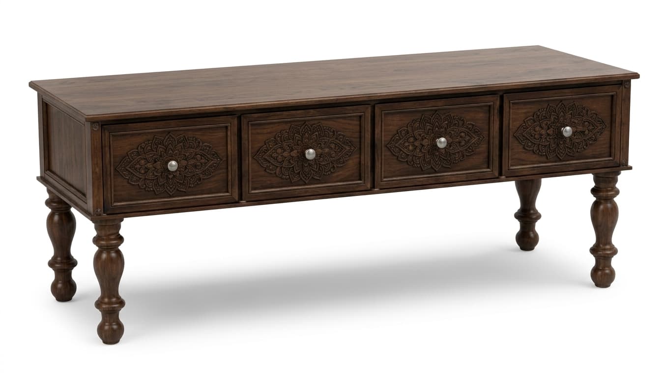 A low-profile media console crafted from dark wood, featuring a long rectangular top and supported by four elegantly turned legs. The front facade is adorned with four individual drawers, each embellished with intricate, mandala-inspired carvings and fitted with small, round, silver-colored knobs. The overall aesthetic suggests a traditional or bohemian influence. — 3D model