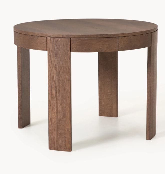 A dark brown, round wooden table featuring a thick, segmented top and four substantial, rectangular plank-style legs that provide a robust and architectural base. — 3D model