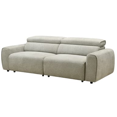 A contemporary modular chaise sectional sofa upholstered in a light grey or beige textured fabric, featuring a low-profile design with integrated back cushions and an extended armrest or chaise component. The sofa section is supported by discreet black feet. — 3D model