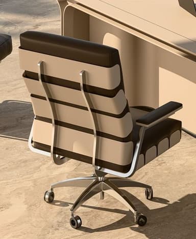 An executive-style office chair featuring dark brown or black leather upholstery for the main seat and backrest cushions. It is accented with light beige or off-white rectangular panels on the sides of the backrest and along the front edge of the seat. The chair has fixed armrests with matching dark upholstery pads. Its base is a polished chrome or aluminum five-star design, equipped with dual-wheel casters for mobility and a swivel mechanism. The overall aesthetic is sleek and modern. — 3D model