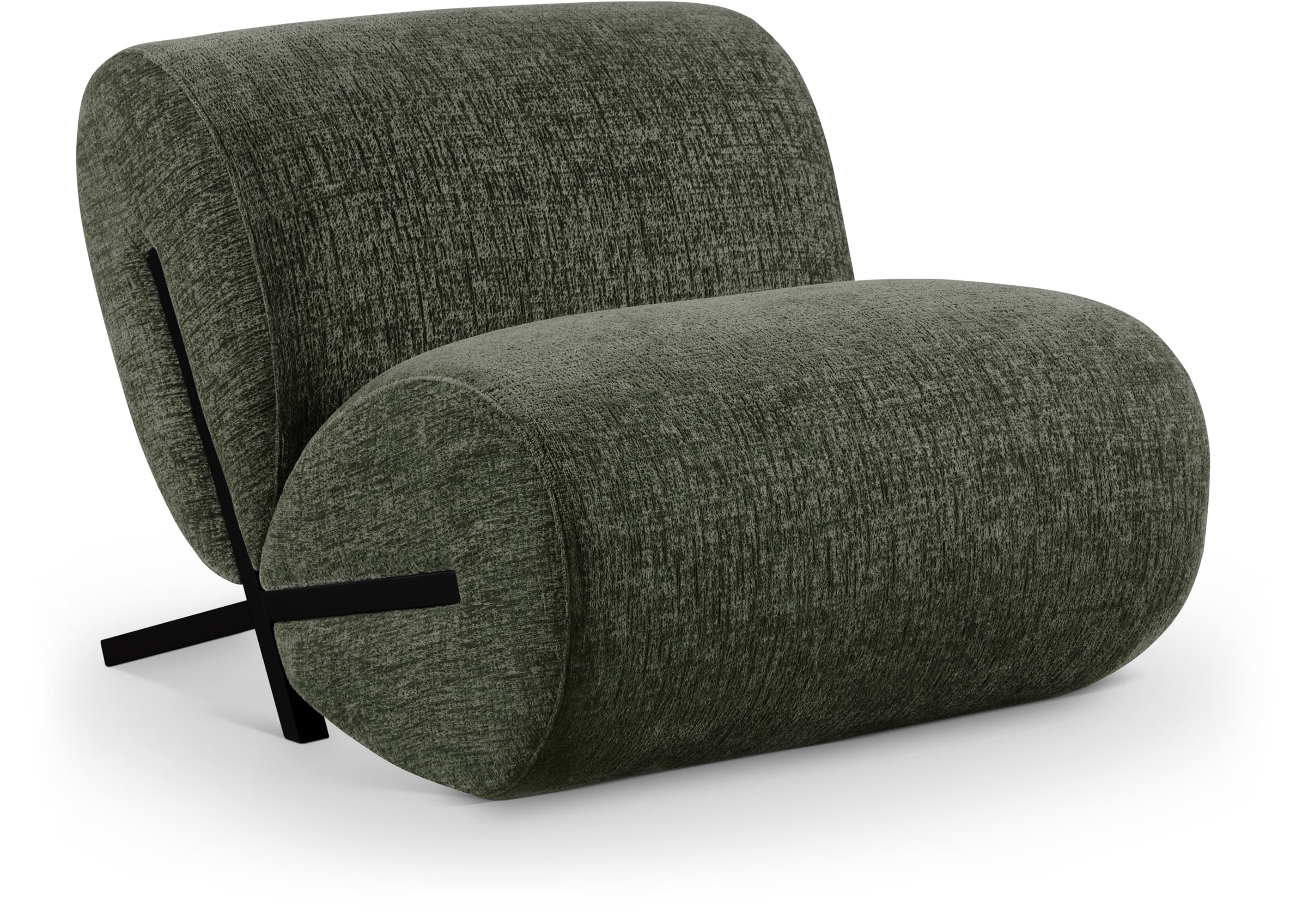 A modern lounge chair featuring a distinctive sculptural design with a cylindrical upholstered seat and a curved backrest, all supported by a minimalist black metal frame. — 3D model
