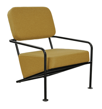 A modern armchair with a minimalist design. It features a slender black metal frame that forms the legs, armrests, and back support. The seat and backrest are upholstered in a textured yellow fabric. — 3D model