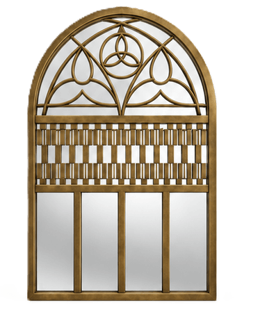A large, arched wall mirror featuring an ornate brass frame. The top section showcases intricate, openwork metalwork with a knot-like design. Below this, a section of interlaced horizontal and vertical brass strips creates a textured, decorative band. The lower portion consists of multiple rectangular mirror panels framed by the brass structure. — 3D model