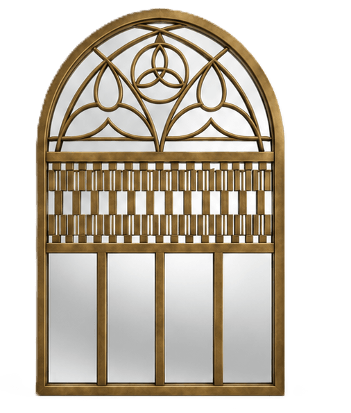 A large, arched wall mirror featuring an ornate brass frame. The top section showcases intricate, openwork metalwork with a knot-like design. Below this, a section of interlaced horizontal and vertical brass strips creates a textured, decorative band. The lower portion consists of multiple rectangular mirror panels framed by the brass structure. — 3D model