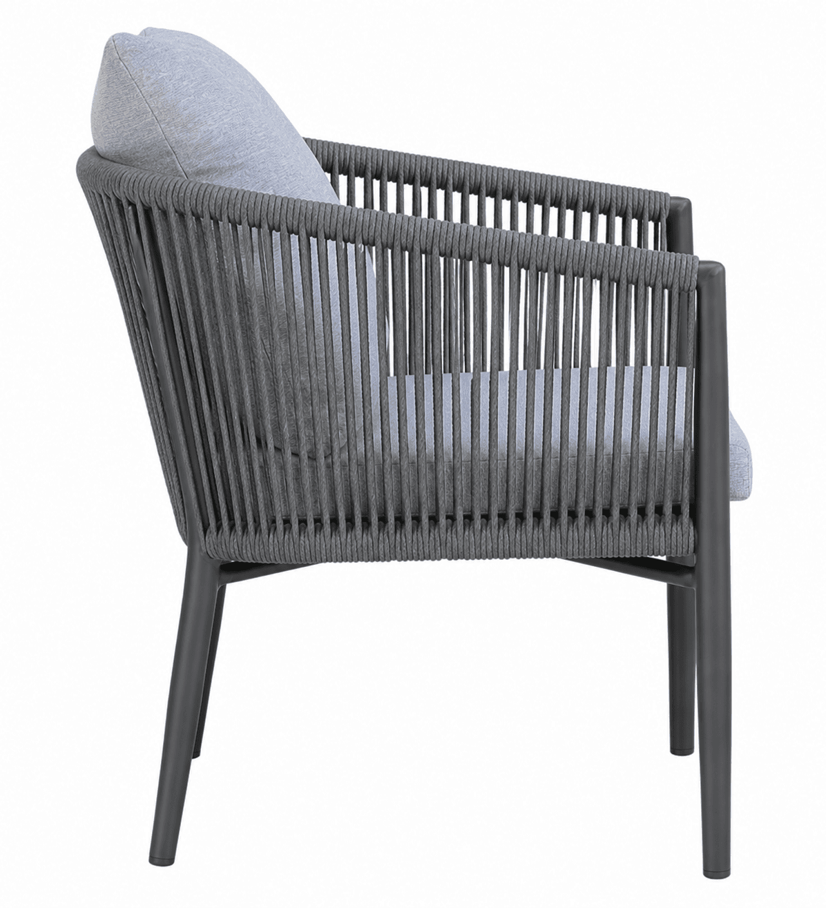 A contemporary outdoor lounge chair featuring a dark grey powder-coated metal frame and a tightly woven synthetic grey rope forming the backrest and armrests. It includes a light grey fabric seat cushion and a matching back cushion for comfort. The chair's design emphasizes durability and modern aesthetics suitable for exterior environments. — 3D model