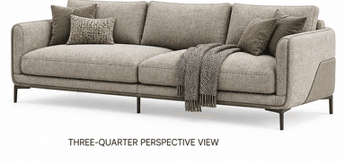 A contemporary three-seater sofa, viewed from the back. It features a neutral-toned fabric upholstery with distinct vertical panel stitching on the lower backrest and a contrasting central panel. The sofa has three individual back cushions and rests on sleek, dark-finished metal legs, indicating a modern aesthetic. — 3D model
