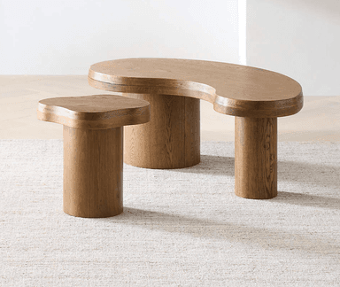 A modern organic-shaped coffee table constructed from medium-brown wood, featuring a distinctive kidney-bean shaped tabletop supported by two cylindrical pedestal bases. — 3D model