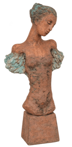 A figurative sculpture depicting the torso of a female figure, crafted from a reddish-brown terracotta or clay. The surface is highly textured, giving it a rustic or aged appearance. The figure's head is tilted slightly, with eyes closed in a contemplative pose. The shoulders feature distinct, layered wing-like structures with a blue-green patina, contrasting with the main body color. The sculpture is mounted on an integrated, simple rectangular plinth of the same material and finish. — 3D model