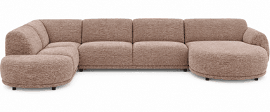 A large, U-shaped sectional sofa upholstered in a textured light brown fabric. It features a modular design with individual backrest and seat cushions. One end terminates in a rounded chaise lounge, while the other has a rounded armrest. The entire piece sits on small, black, low-profile feet, contributing to its modern aesthetic. — 3D model