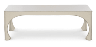 A contemporary rectangular coffee table featuring a flat, light-colored reflective top surface and a distinctive base with curvilinear, sculptural legs. The legs at the ends form arched supports, while the two central legs are bell-shaped or hourglass-shaped, all finished in a uniform light beige or off-white tone. — 3D model
