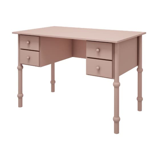 A blush pink writing desk featuring a rectangular top, two pedestals each with two drawers, and four turned legs. — 3D model