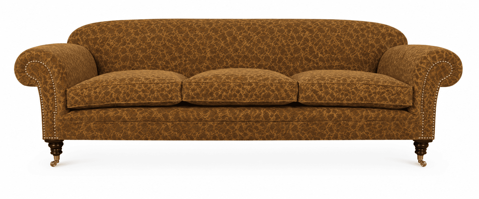 A traditional three-seater sofa featuring rolled arms, visible nailhead trim along the front of the arms and base. It is upholstered in a textured fabric with a brown and gold patterned motif. The sofa has three individual seat cushions and a continuous back cushion. It stands on four dark, turned wooden legs, each fitted with a brass-toned caster. — 3D model
