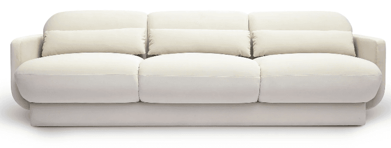 A three-seater sofa with plush cushioning and rounded armrests. The sofa features a low profile base and three seat cushions and three back cushions. The back cushions are elongated and appear to be loose. — 3D model