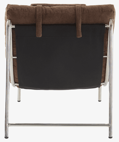 A contemporary lounge chair with a tufted upholstered seat and back, supported by a polished chrome metal frame. It features a reclining backrest and includes a separate headrest cushion. — 3D model