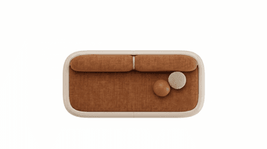 A contemporary two-seater loveseat featuring a distinct two-tone upholstery design. The seating surface and backrests are upholstered in a textured terracotta or rust-colored fabric, while the base and outer shell are covered in a smooth, light beige or cream-colored material, likely leatherette or a fine-grain leather. The design is characterized by rounded edges and a low profile, with the main body resting on a subtle wooden plinth base. Two spherical cushions, one in brown leather and one in a light woven fabric, are placed on the seat. — 3D model