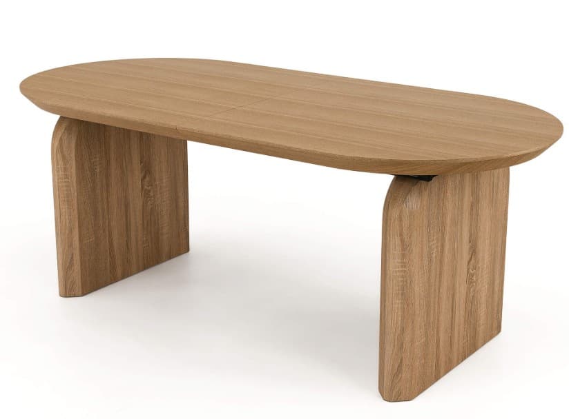A minimalist coffee table with an oval-shaped top and two solid, curved panel legs, all finished in a light oak veneer. — 3D model