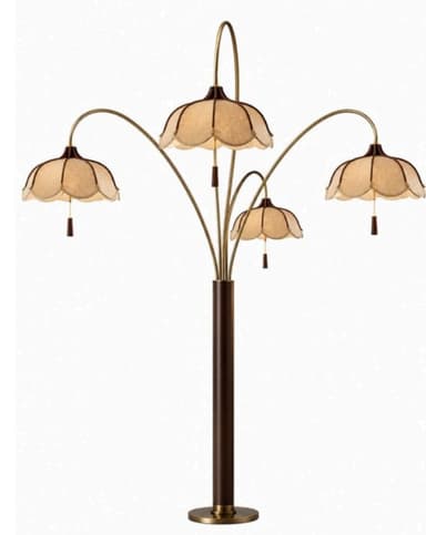 A multi-head floor lamp featuring a dark brown wooden central column, antique brass-finished arched arms, and four scalloped fabric shades with decorative tassels. — 3D model