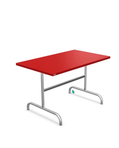 A rectangular table with a vibrant red tabletop and a silver-colored metal base. The base consists of two U-shaped legs connected by a horizontal support bar, offering a modern and minimalist aesthetic. A small rectangular logo is visible on the underside of the tabletop. — 3D model