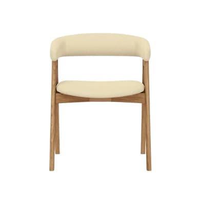 A modern armchair with a curved backrest and a seat upholstered in a light-colored textured fabric. The frame and legs are constructed from light-colored wood, exhibiting a natural grain pattern. The armrests are integrated into the curved backrest structure. — 3D model