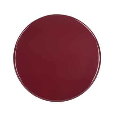 A round side table with a high-gloss, deep red finish and three cylindrical legs. The tabletop has a smooth, slightly rounded edge. — 3D model