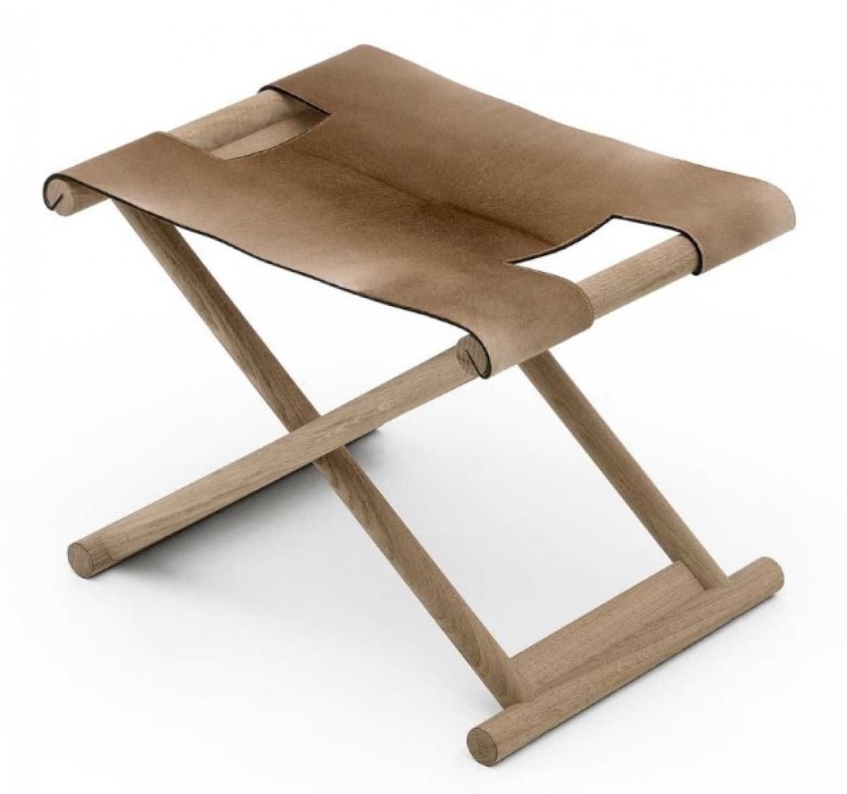 A minimalist folding stool featuring an x-frame wooden base and a saddle leather sling seat. — 3D model