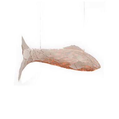 A wall lamp designed in the shape of a fish. The exterior appears to be made of segmented, textured material, possibly resembling scales or cracked ceramic. The interior emits a warm, orange light, visible through the translucent or broken sections of the exterior. It has a tail fin and a dorsal fin, and is mounted to a wall via a small fixture at the top. — 3D model