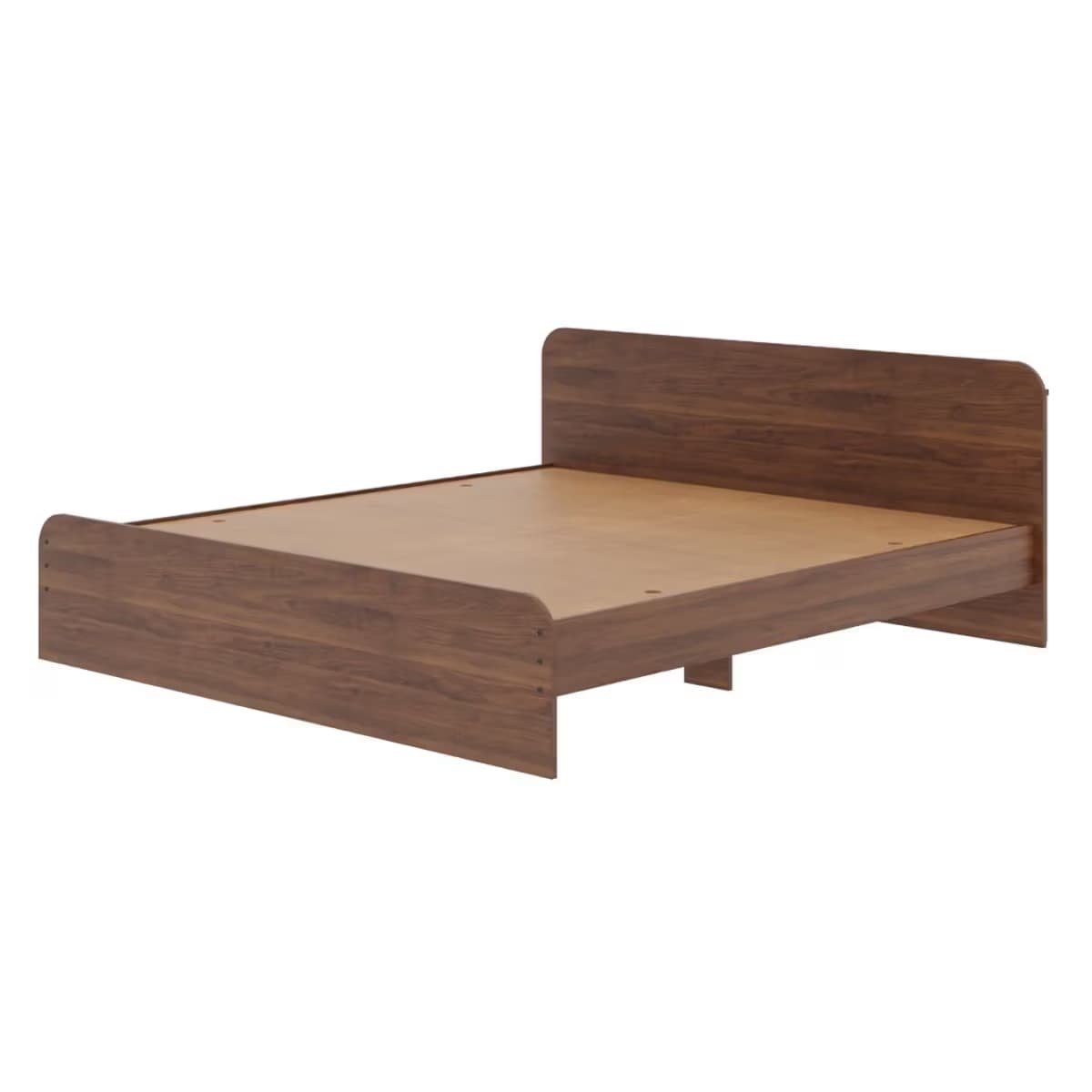 A modern platform bed frame constructed from engineered wood with a dark brown, possibly walnut-like, laminate finish. It features an integrated, slightly curved headboard and a low-profile design. The mattress support is a flat, light-colored surface, likely plywood or MDF, designed for direct mattress placement without a box spring. — 3D model