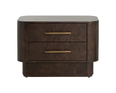 A dark wood nightstand with rounded edges and a tiered base. It features two drawers with elongated brass pulls and a single drawer or open compartment at the bottom, also with a brass pull. The wood grain has a prominent, swirling pattern. The overall design suggests a modern or art deco influence. — 3D model