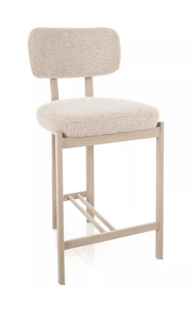 A contemporary bar stool with a square-profile metal frame and upholstered seat and backrest in a light, textured fabric. — 3D model