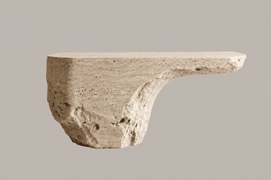 A sculptural pedestal table crafted from a single block of light-colored travertine stone, featuring an organic, rough-hewn base and a smooth, flat circular top. The table's form suggests a natural, unearthed aesthetic, with visible pores and natural variations characteristic of travertine. — 3D model