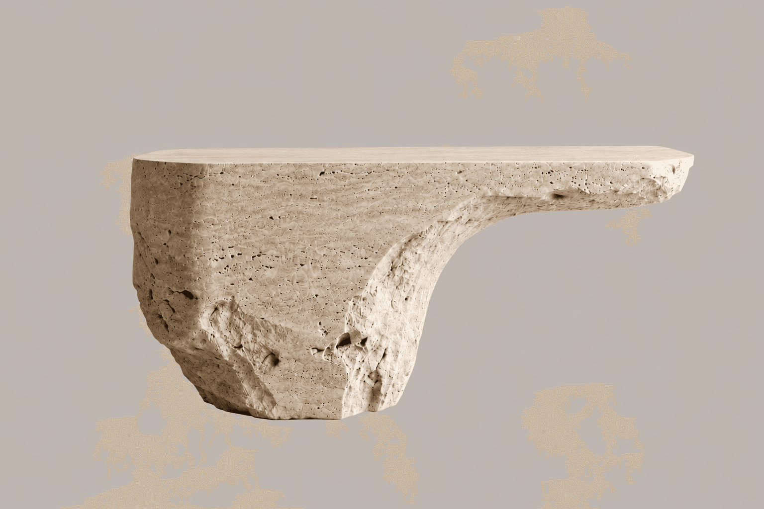 A sculptural pedestal table crafted from a single block of light-colored travertine stone, featuring an organic, rough-hewn base and a smooth, flat circular top. The table's form suggests a natural, unearthed aesthetic, with visible pores and natural variations characteristic of travertine. — 3D model