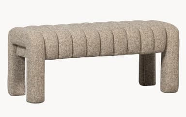 A modern upholstered bench featuring a distinctive channel-tufted design on its seating surface and integrated, rounded block legs, covered entirely in a textured, speckled beige fabric. — 3D model