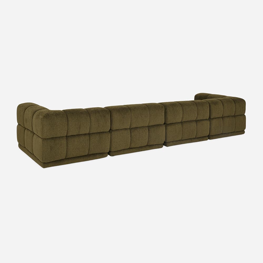 A long, modular sectional sofa featuring a deeply tufted design, upholstered in a textured, dark olive green fabric. It is composed of multiple square-shaped units, including corner pieces that form an L-shape at one end. The sofa has a low-profile, chunky aesthetic. — 3D model