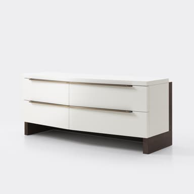 A sleek, modern credenza featuring a two-tone finish. It comprises two drawers with contemporary bar pulls, and an enclosed cabinet section. The top surface and drawer fronts are a light, possibly lacquered, finish, while the side panel and base are a contrasting dark wood or wood veneer. The design emphasizes clean lines and a minimalist aesthetic. — 3D model