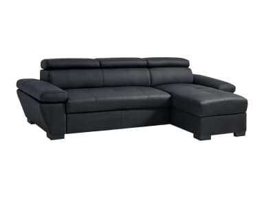 A modern black sectional sofa with a chaise lounge. The sofa features adjustable headrests and tufted seat cushions. It has a low profile and is supported by block feet. — 3D model