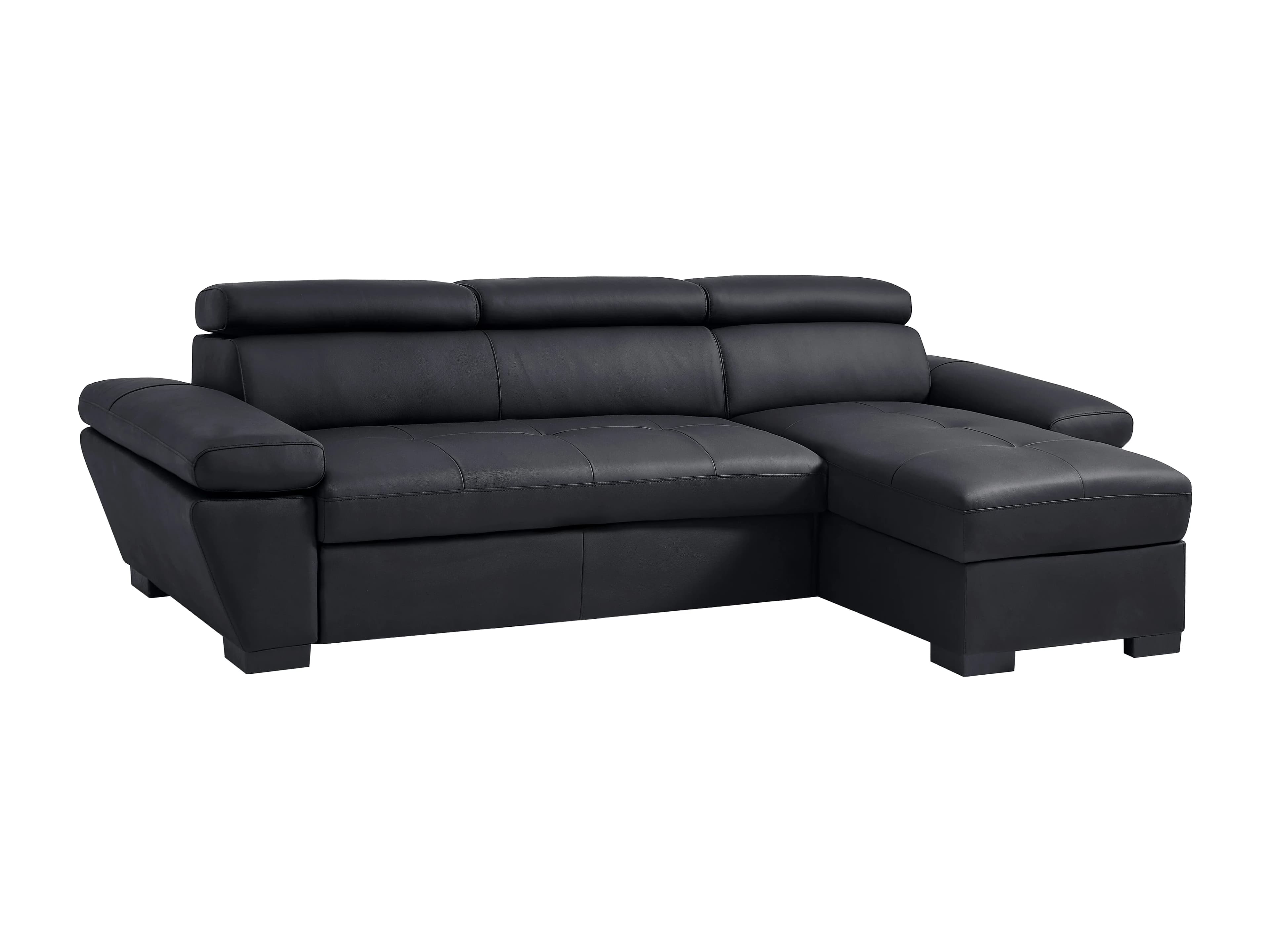 A modern black sectional sofa with a chaise lounge. The sofa features adjustable headrests and tufted seat cushions. It has a low profile and is supported by block feet. — 3D model