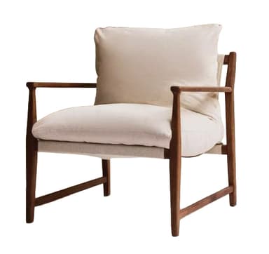 A wooden armchair with plush, off-white upholstered seat and back cushions. The frame and arms are constructed from a warm-toned wood with visible grain. The design is minimalist and modern. — 3D model